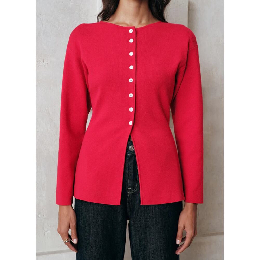 Commense Red Sculpted Knit Button Front Top NWT Size L - Parisian Chic